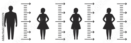 Human height growth measurement icon set featuring person silhouettes with ruler scale, fitness body size vectors, health tracking graphics, growth charts, and wellness illustration