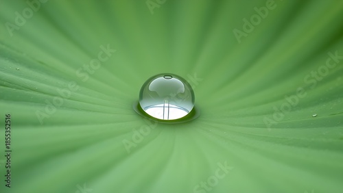 hasty. A single water droplet resting on a green lotus leaf, morning dew, macro detail. gardening catalogs, home-decor guides, designed for gardening and botanical catalogs, promotes healthy living.