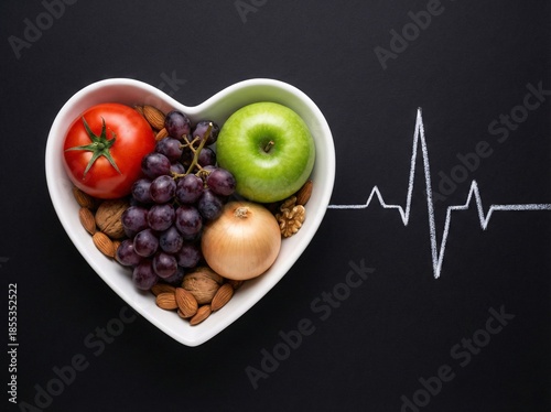 Fresh fruits vegetables nuts in a heart bowl for heart health and wellbeing