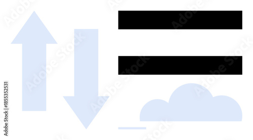 Up and down arrows, horizontal bars, and a cloud suggest data exchange, information flow, and synchronization. Ideal for technology, servers, cloud storage, processes digital systems network