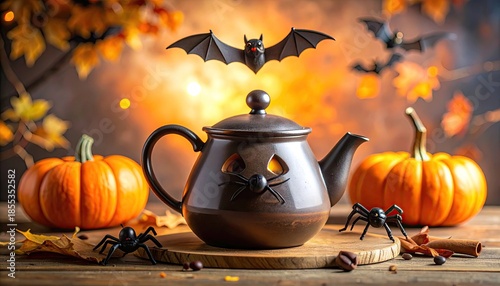 Halloween Scene With Jack O Lantern Teapot Pumpkins Bats And Spiders On Wooden Table With Autumn Leaves In The Background And Soft Bokeh Lighting