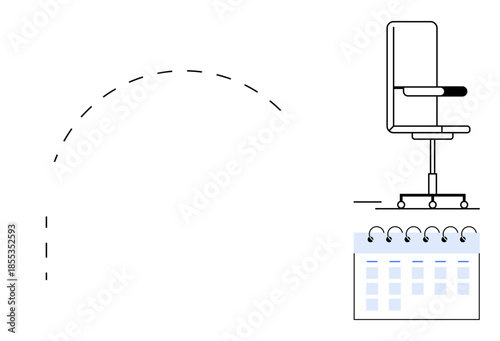Workplace concepts, scheduling, office ergonomics, productivity, time management, planning. A rolling chair, movement arc and planner calendar. Workspace ergonomics and scheduling concept