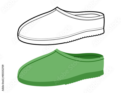 Green house clog sandal shoe women flat plus line set. Closed toe rubber slipper for lifestyle blog outdoor project. Technical fashion illustration CAD mockup mixed vector man unisex isolated style.