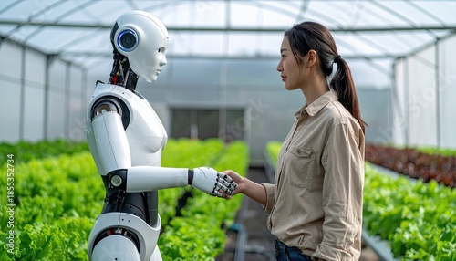 Human Woman Shakes Hands With A White Robot Inside A Greenhouse Surrounded By Lush Green Plants And Red Leafy Vegetables Agriculture Technology Concept