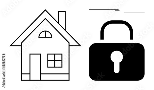 House outline next to padlock, symbolizing security, safety, and property protection. Ideal for home safety, real estate, cybersecurity, insurance, privacy digital security simple flat metaphor