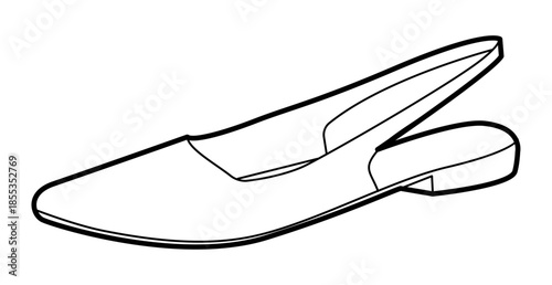 Slingback flat shoe women single line. Open back pointed toe footwear for office event relaxed look. Technical fashion illustration CAD mockup clean vector man unisex isolated modern style. 