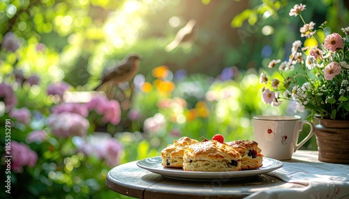 Idyllic Morning Tea and Scones Served in a Lush Garden with Pink Flowers and Birds Fluttering in Soft Sunlight