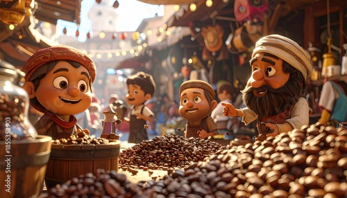 Joyful Child Engages With Merchant At Bustling Middle Eastern Bazaar Amidst Spices And Goods In Warm Sunlight