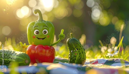 Joyful Green Pepper Character Perched On Red Pepper Beside Cucumbers In Lush Green Garden With Golden Sunlight And Bokeh Effect