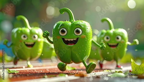 Joyful Green Bell Peppers Running on a Track with Sunlight and Blurred Background