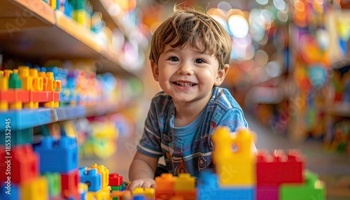 Joyful toddler boy with curly hair wearing a blue striped shirt smiles brightly while playing with colorful building blocks in a toy store aisle with blurred background lights