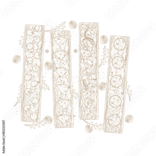 Vector Illustration Logo Line art Top View Long Pizza Slice or Nicho Korean Pizza