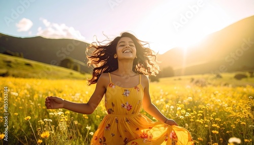 Joyful Young Woman With Curly Hair Wearing A Yellow Floral Dress Running Through A Sunlit Meadow With Yellow Wildflowers and Green Hills in the Background at Golden Hour