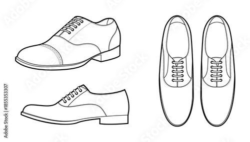 Oxford shoe views color pair. Top, side and front construction for apparel industry, design catalog and footwear specification. Technical fashion illustration CAD mockup vector isolated trendy style.