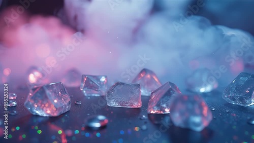 Glimmering Ice Cubes on a Colorful Surface Captured in Soft Focus
