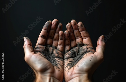 Dirty male hands with soil and grime, held open against dark backdrop. Evidence of manual labor or gardening, showing rough skin texture and ingrained dirt.