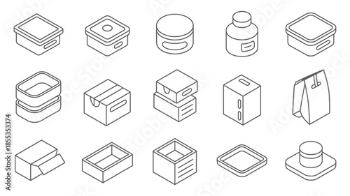 Isometric Outline Icons of Various Food Storage Containers and Bottles, Including Jars, Canisters, Boxes, Lunchboxes, Packaging, Kitchen Storage, Organization, and Household Supplies