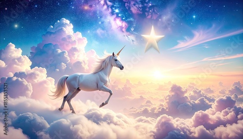 Majestic White Unicorn Trotting Through Dreamlike Clouds Under a Starry Sky at Sunrise with a Glowing Star Above