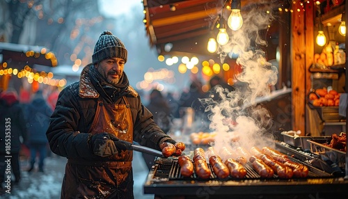 Man grilling sausages at a snowy outdoor market stall with warm lights illuminating the steam and food during winter season