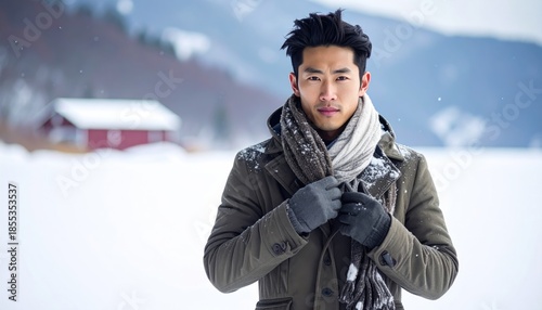 Man Adjusting Scarf in Snowy Landscape with Red Cabin in Background During Winter Season