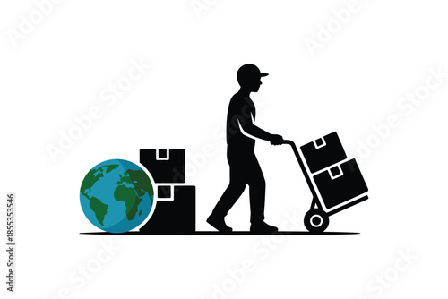 Global Delivery and Logistics Service with Worker and Boxes, international delivery concept
