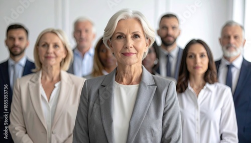 Mature Businesswoman Leading Diverse Professional Team in Modern Office Environment with Bright Lighting