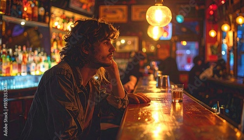 Man With Curly Hair Sitting At Bar Counter With Drink In A Dimly Lit Bar With Warm Ambient Lighting