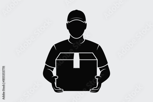 Delivery Person Holding Package Silhouette Icon, courier delivery concept