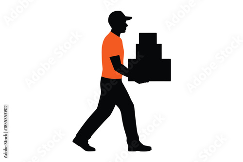 Delivery Man Silhouette Carrying Stacked Boxes, courier workforce concept