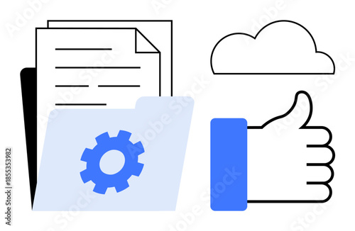 Data management concept. Data files stored in secure cloud-based systems with thumbs up approval. Data management supports file organization, cloud storage, security, and efficiency. For technology