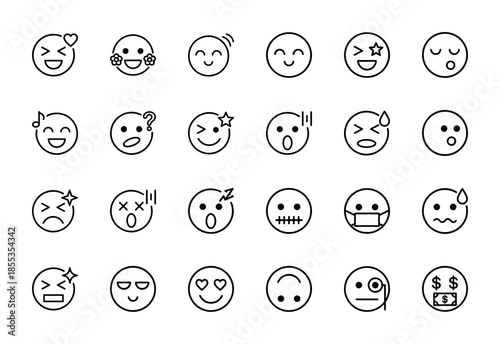 Emoticon line icon set featuring vector pictograms of various facial expressions like happy, sad, wink, surprised, sleepy, and laughing, thin outline illustration.