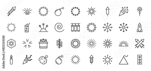 Fireworks and celebration line icon set. Vector pictograms of rockets, crackers, sparklers, bombs, confetti, stars, and pyrotechnic bursts, thin outline illustration.