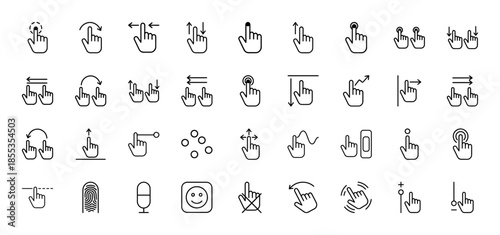 Touchscreen hand gesture line icon set. Vector pictograms of tap, swipe, scroll, pinch, drag, rotate, flick, click, and multi-touch movements, thin outline illustration.