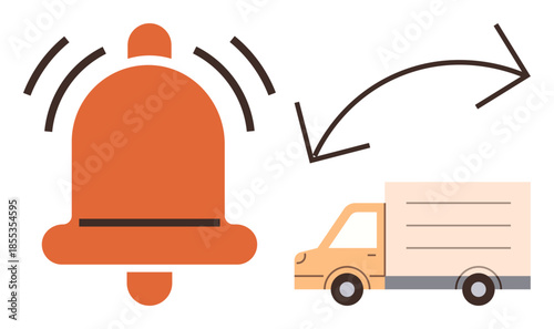 Vibrating notification bell, delivery truck, and arrow suggesting movement, message, or logistics. Ideal for delivery, shipping, notification, internet commerce timely service logistics operations