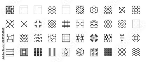 Architectural paving line icon set. Vector pictograms of herringbone, basketweave, cobblestone, brick, hexagon, shingle, wave, and radial patterns, thin outline illustration.