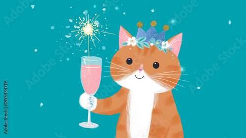 New year party celebration greeting card with text, cute cat with sparkler and beverage glass, isolated on turquoise background, festive animal, humorous character, with copy space