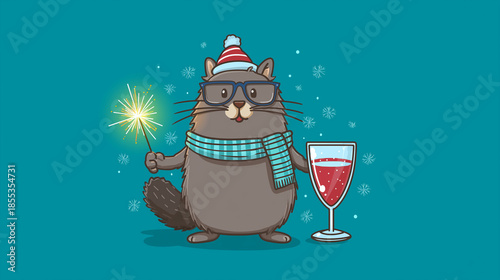 New year party celebration greeting card with text, cute cat with sparkler and beverage glass, isolated on turquoise background, festive animal, humorous character, with copy space