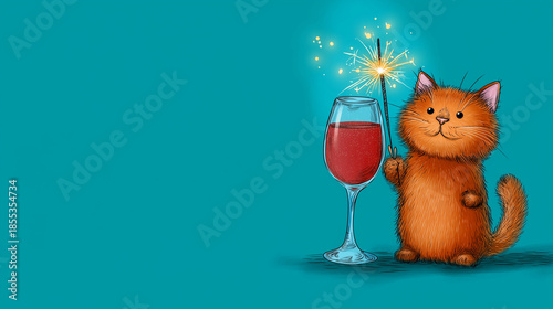 New year party celebration greeting card with text, cute cat with sparkler and beverage glass, isolated on turquoise background, festive animal, humorous character, with copy space