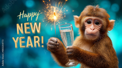 New year party celebration greeting card with text, funny animal with sparkler and beverage glass, turquoise background, festive character, celebration humor, with copy space
