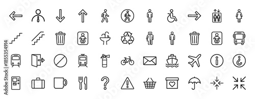 Public navigation and transportation line icon set. Vector pictograms of stairs, elevator, restroom, airport, train, bus, ship, and information, thin outline illustration.