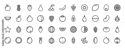 Fruit and vegetable line icon set. Vector pictograms of pineapple, strawberry, cherry, banana, grape, watermelon, pomegranate, and citrus, thin outline illustration.