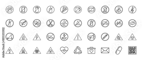 Safety and warning line icon set. Vector pictograms of prohibited items, chemical hazard, recycling, fragile, high voltage, and emergency medical signs, outline illustration.