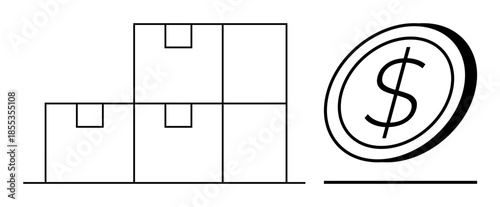 E-commerce, logistics, financial management, supply chain, business, online transactions. Stacked boxes with a dollar coin icon. E-commerce and logistics through monetary and packaging elements