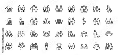 Family and relationship line icon set. Vector pictograms of parents, children, pregnancy, elderly couple, house, car, marriage proposal, and genealogy, outline style.
