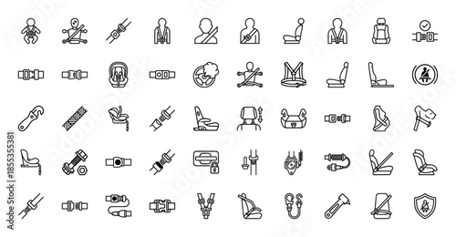 Vehicle seat belt and passenger safety icon set. Vector pictograms of child car seats, buckles, harnesses, pregnant traveler, and emergency tools, thin line illustration.