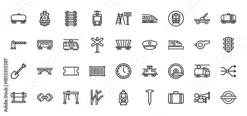 Railroad and public transport line icon set. Vector pictograms of locomotive, track, subway, station, ticket, barrier, signal, and lantern, thin outline illustration.