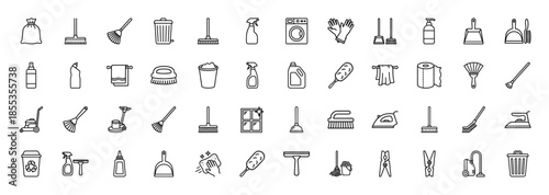 Cleaning and housekeeping line icon set. Vector pictograms of broom, mop, bucket, trash, laundry, spray, vacuum, iron, duster and sponge, thin outline illustration.