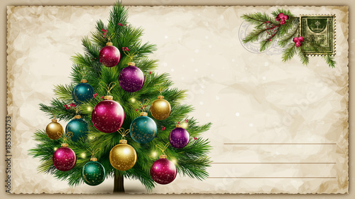 Holiday celebration modern greeting card postcard, decorative tree with ornament balls, isolated on white paper texture background, festive illustration, seasonal design, with copy