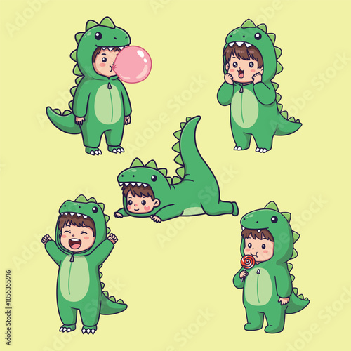 Cute Cartoon Child in Green Dinosaur Costume Doing Fun Poses Vector Illustration