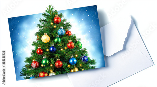 Holiday celebration modern greeting card postcard, decorative tree with ornament balls, isolated on white paper texture background, festive display, seasonal illustration, with cop